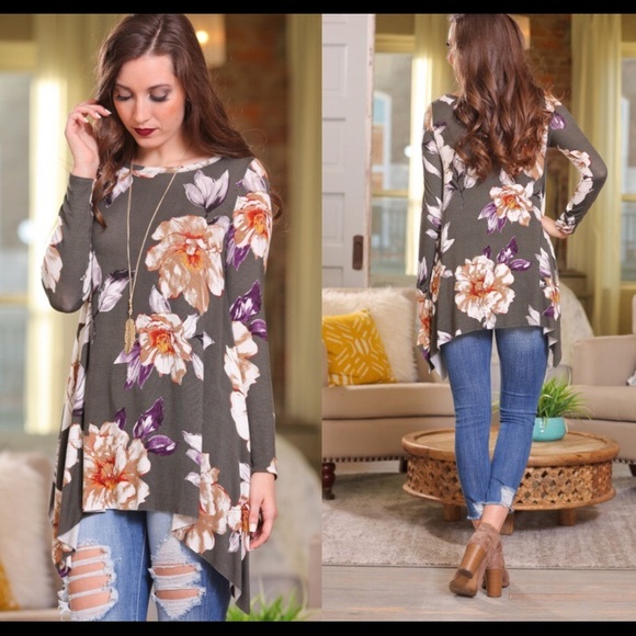 Infinity Raine Tops - Olive floral asymmetrical tunic